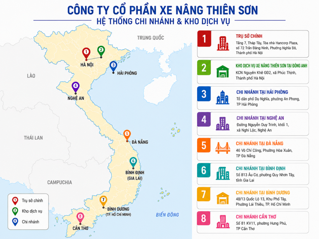 các chi nhánh của xe nâng thiên sơn
