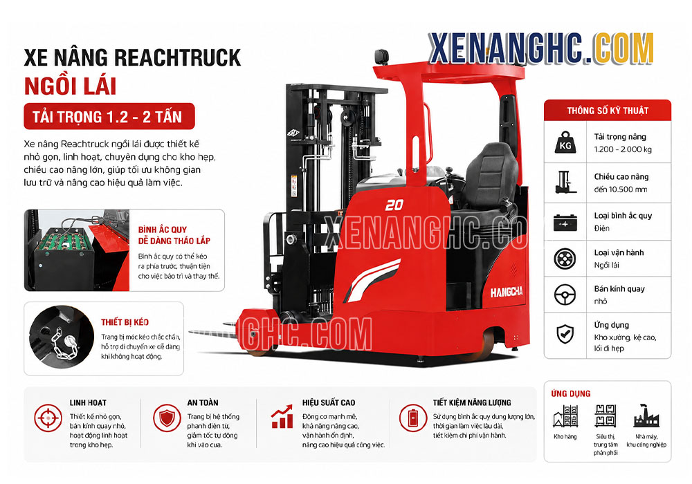 Xe nâng Reachtruck ngồi lái tải trọng 1.2 - 2 tấn Hangcha